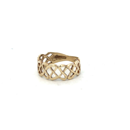 9ct yellow gold ring in size P with a smooth band, unbranded, showcased on a neutral background.
