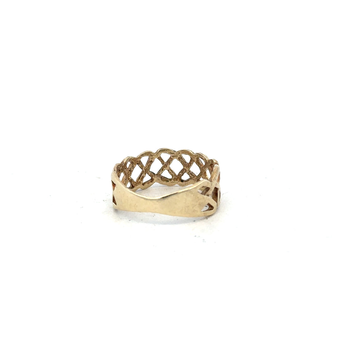 9ct yellow gold ring in size P with a smooth band, unbranded jewelry showcasing a classic, elegant design.