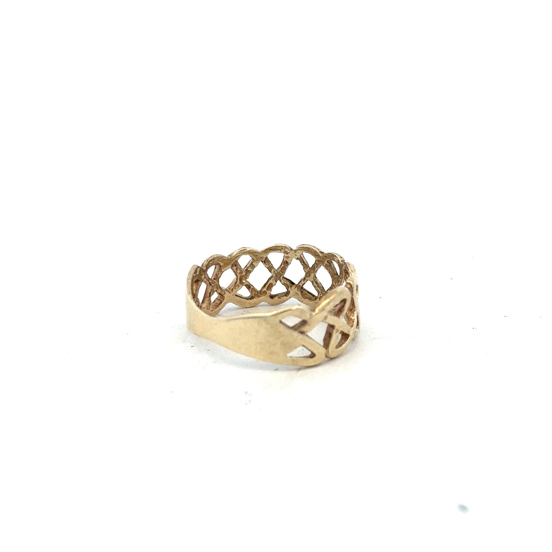 9ct yellow gold ring in size P with a smooth band, displayed on a plain background.