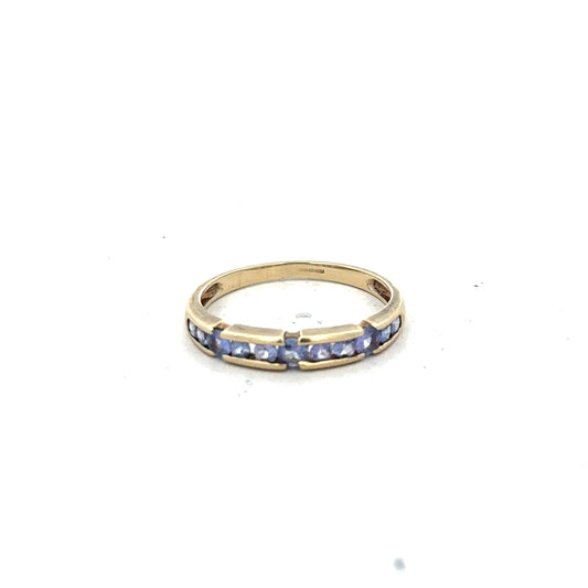 9ct yellow gold ring in size P with a smooth polished finish, unbranded jewelry displayed on a white background.