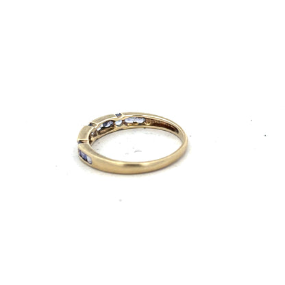 9ct yellow gold ring in size P with a smooth band, unbranded jewelry displayed on a plain background.