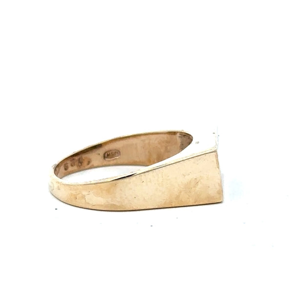 9ct yellow gold ring size P 1/2 with a smooth band, unbranded jewelry, shown in a close-up image.