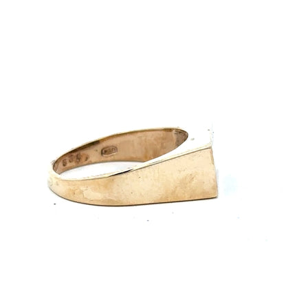 9ct yellow gold ring size P 1/2 with a smooth band, unbranded jewelry, shown in a close-up image.