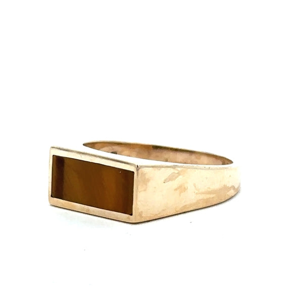 9ct yellow gold ring in size P1/2 with a smooth band, unbranded jewelry, shown from a side view.