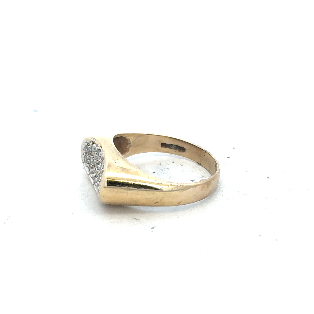 9ct yellow gold ring in size R with a smooth band, unbranded jewelry piece displayed on a plain background.