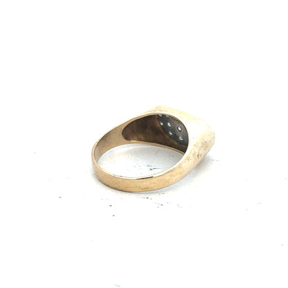 9ct yellow gold ring in size R with a smooth band, unbranded, showcasing a classic jewelry design.