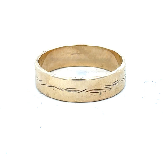 9ct yellow gold ring in size S with a smooth band, unbranded, shown in a close-up image.