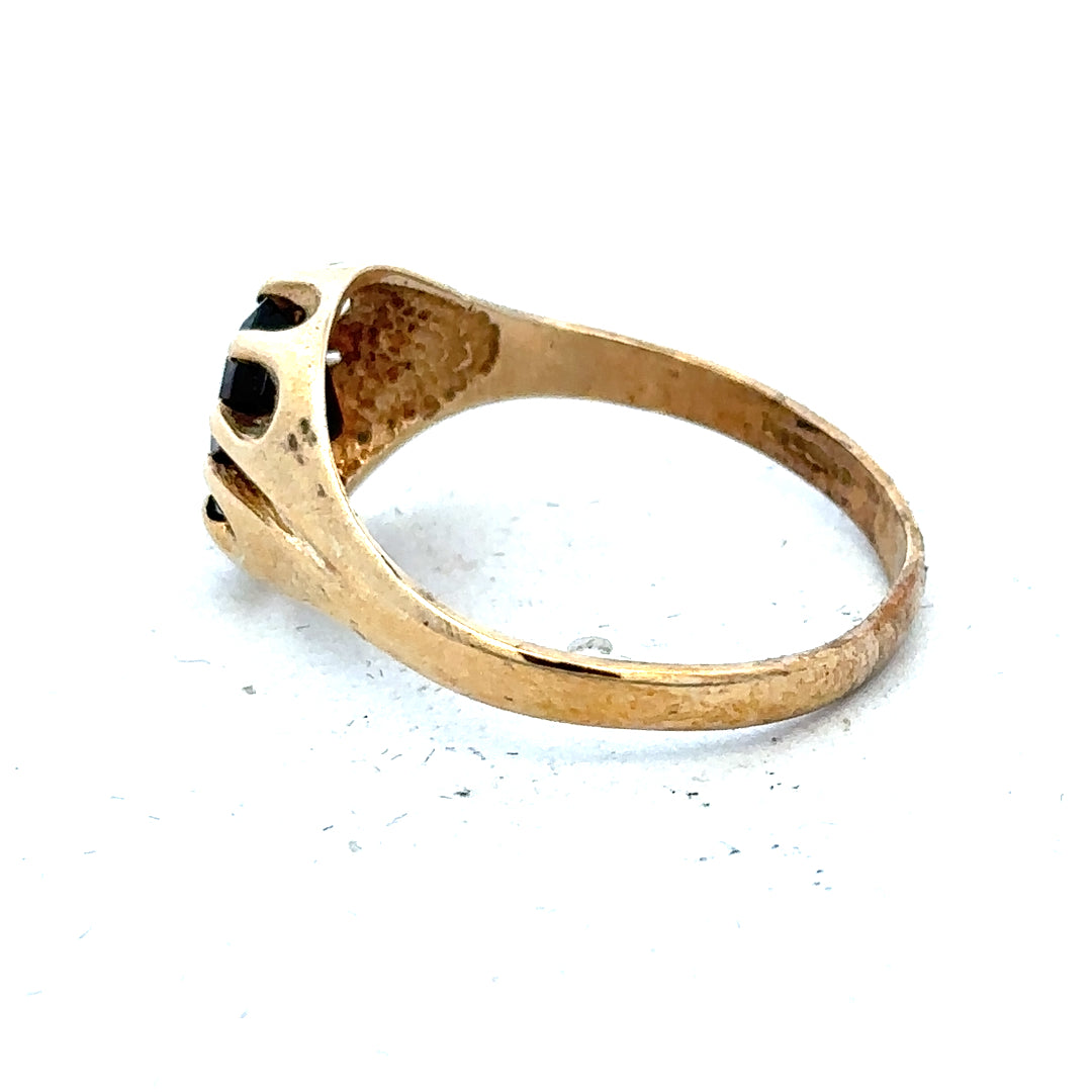 9ct yellow gold ring in size T with a simple band design, unbranded, displayed against a neutral background.