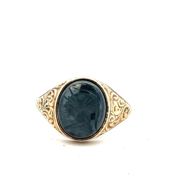 9ct yellow gold ring in size T with a simple, smooth band, unbranded jewelry displayed on a plain background.