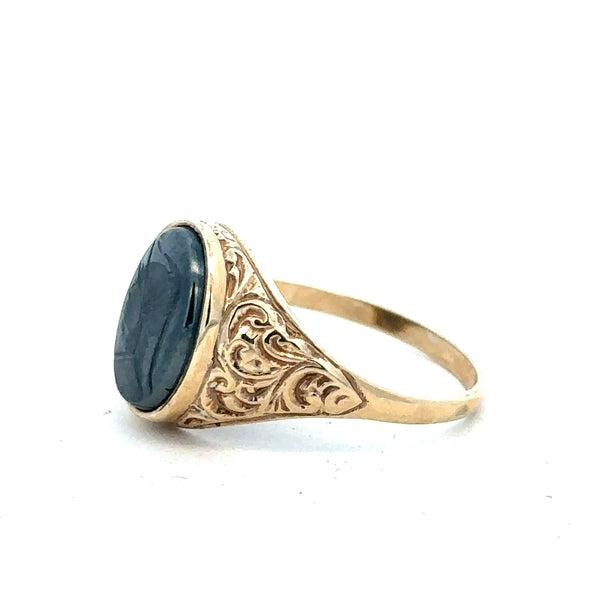 9ct yellow gold ring in size T with a smooth band, unbranded jewelry, close-up view showing fine craftsmanship.