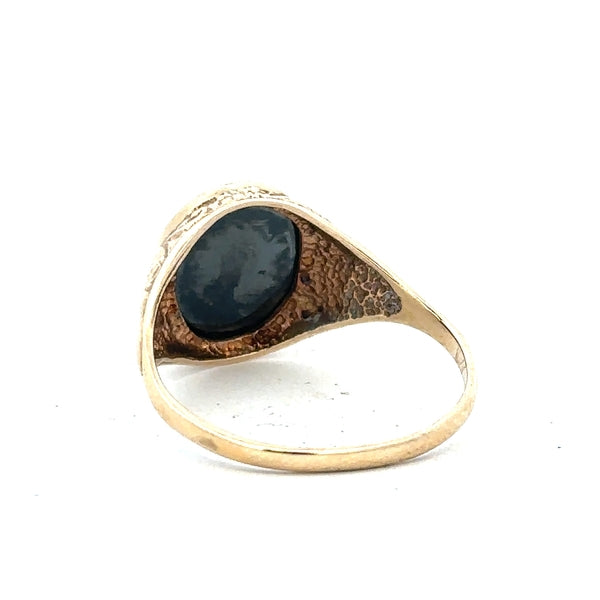 9ct yellow gold ring size T with a smooth polished band, unbranded jewelry piece displayed on a neutral background.