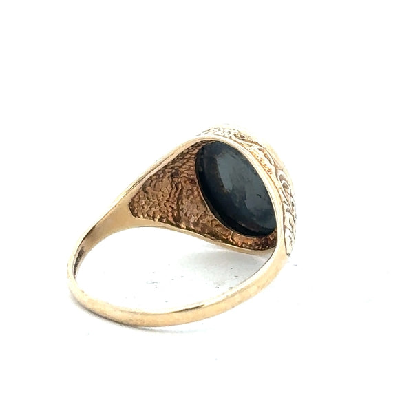 9ct yellow gold ring in size T with a smooth band, unbranded jewelry piece displayed against a neutral background.