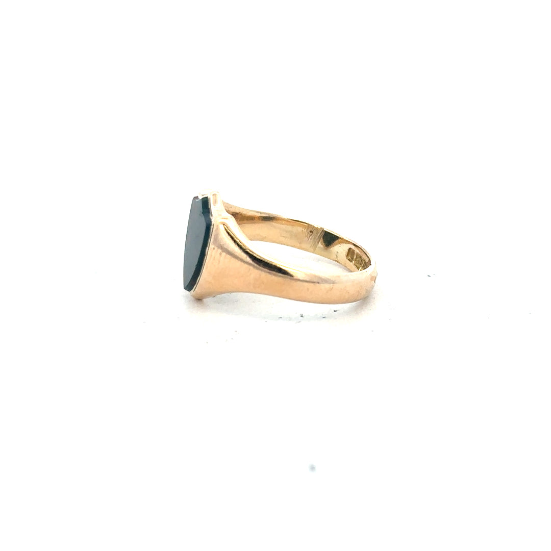 9ct yellow gold ring in size T with a smooth band, unbranded jewelry piece displayed on a neutral background.