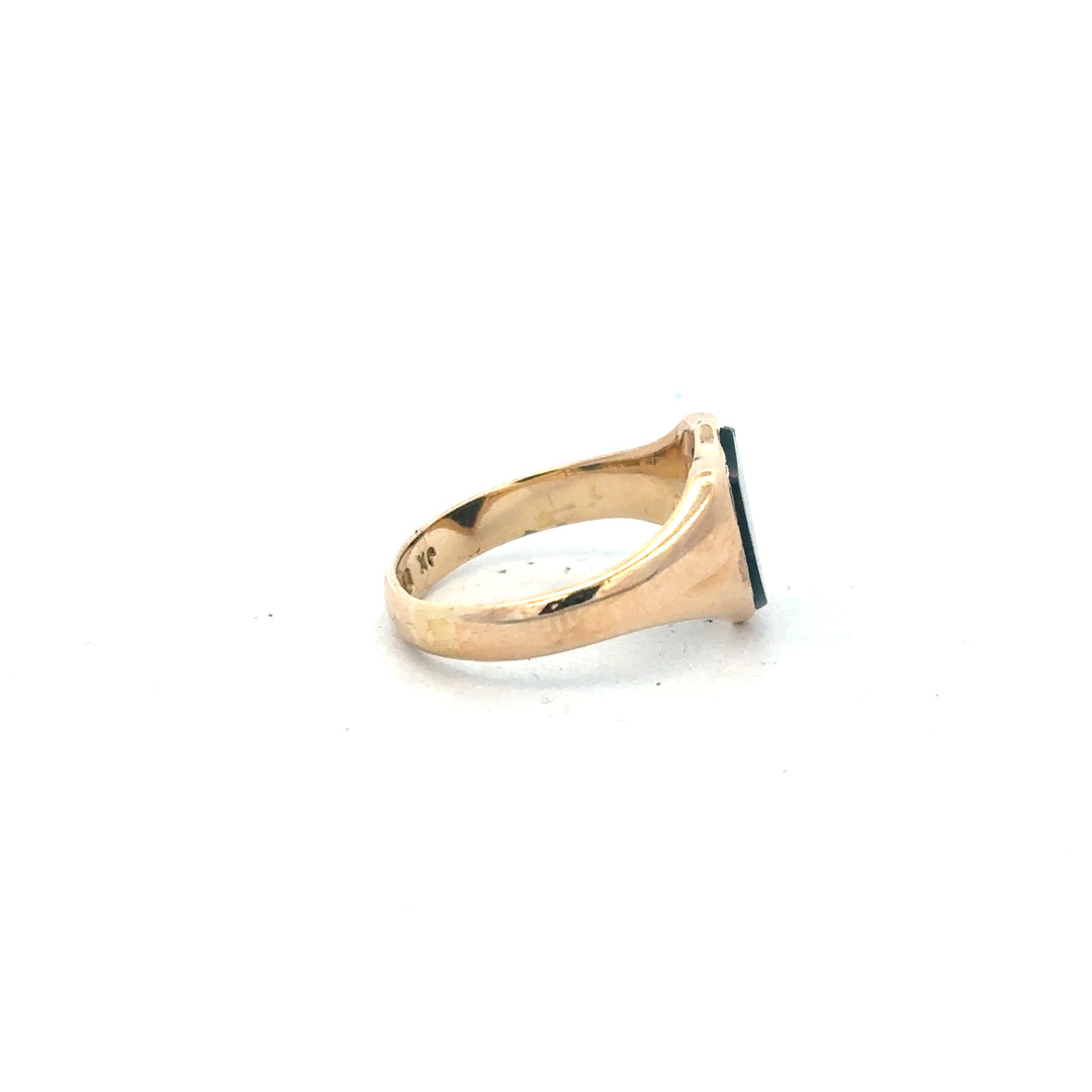9ct yellow gold ring in size T with a classic band design, unbranded jewelry piece displayed on a plain background.