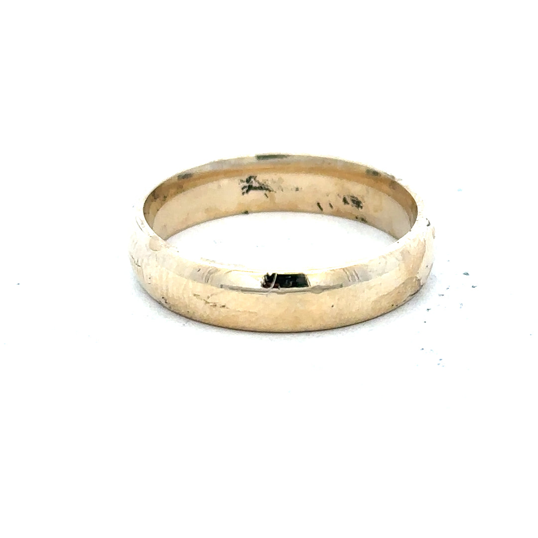 9ct yellow gold ring size T1/2 with smooth band, unbranded, showcasing a shiny polished finish.