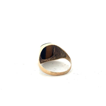 9ct yellow gold ring size T1/2 with a smooth band, unbranded jewelry, shiny gold finish, shown from a top view.
