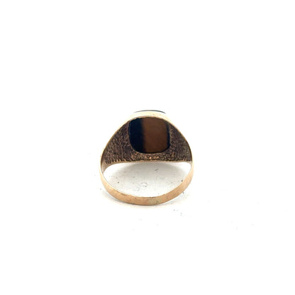 9ct yellow gold ring size T1/2 with a smooth band, unbranded, shown from a top view.