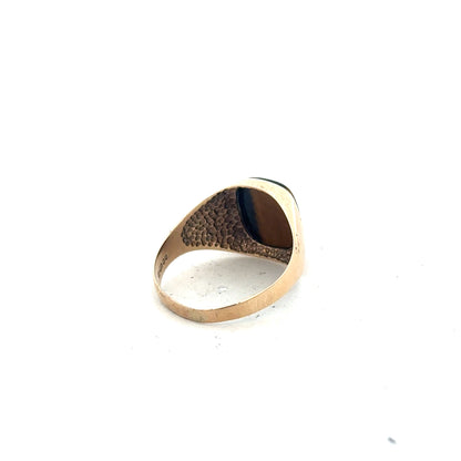 9ct yellow gold ring in size T1/2 with a smooth band, unbranded, shown in a close-up image.
