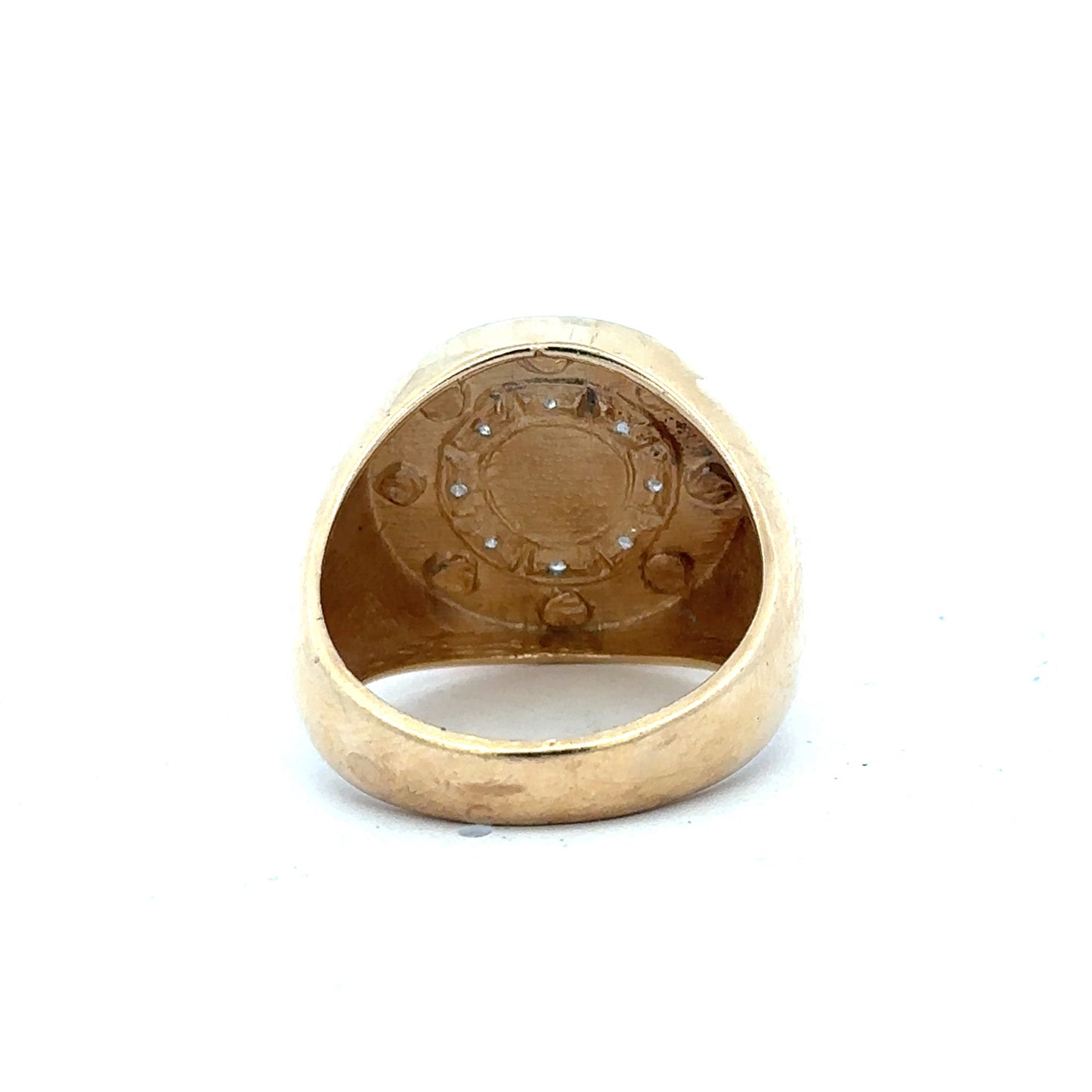 9ct yellow gold ring in size U with a smooth band, unbranded, shown from a top view highlighting the polished finish.