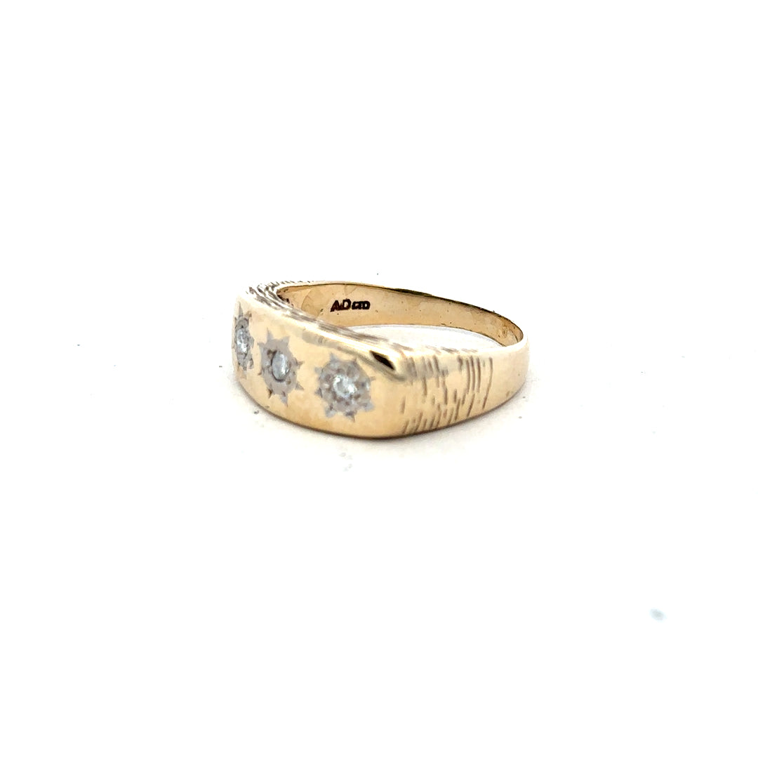 9ct yellow gold ring in size W with a smooth band, unbranded jewelry piece on a white background.