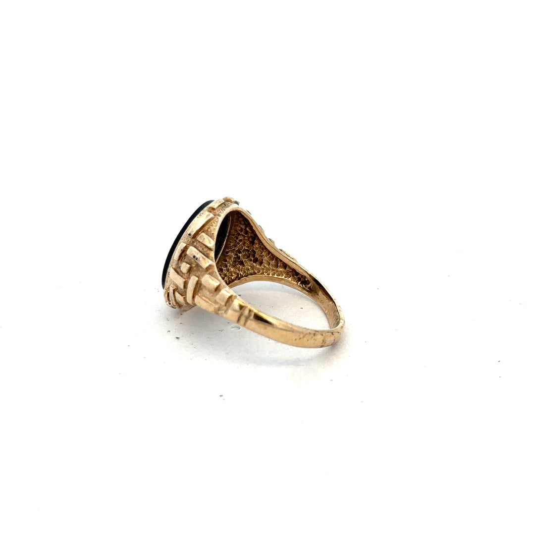 9ct yellow gold ring in size W, unbranded, with a smooth polished band and classic design, shown on a plain background.