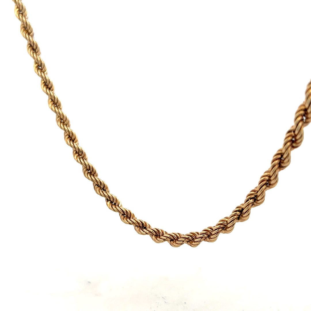 9ct yellow gold rope chain weighing 10.1g, showcasing its intricate twisted design and polished finish.