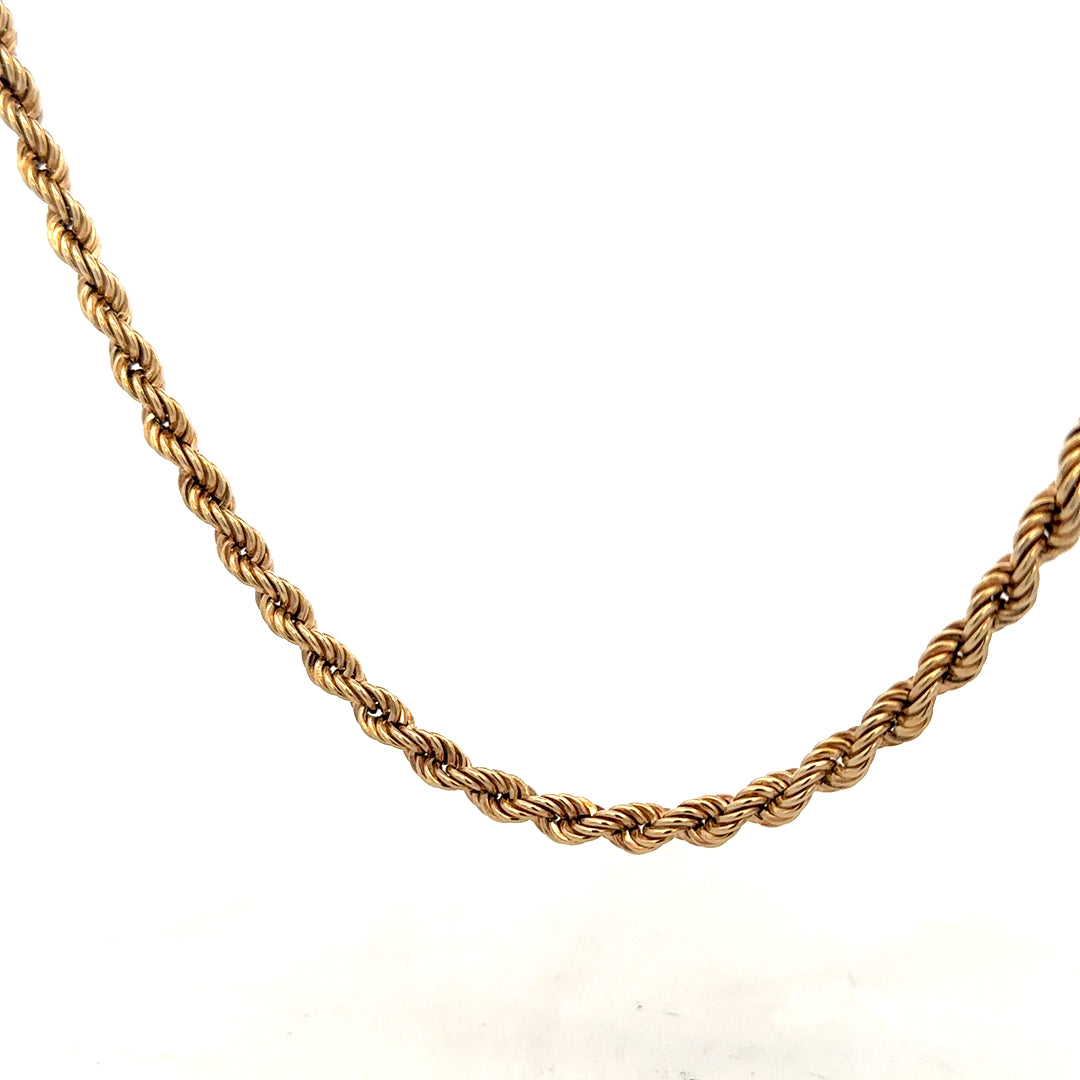 9ct yellow gold rope chain weighing 10.1g, featuring a detailed twisted design, unbranded jewelry accessory for men or women.