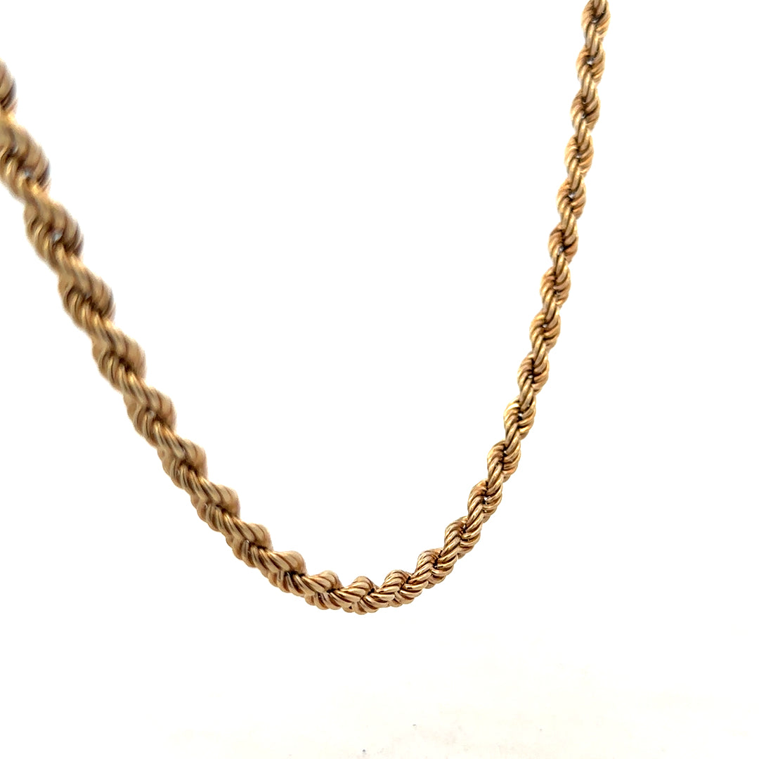 9ct yellow gold rope chain weighing 10.1g, featuring a detailed twisted design and secure clasp, unbranded jewelry accessory.