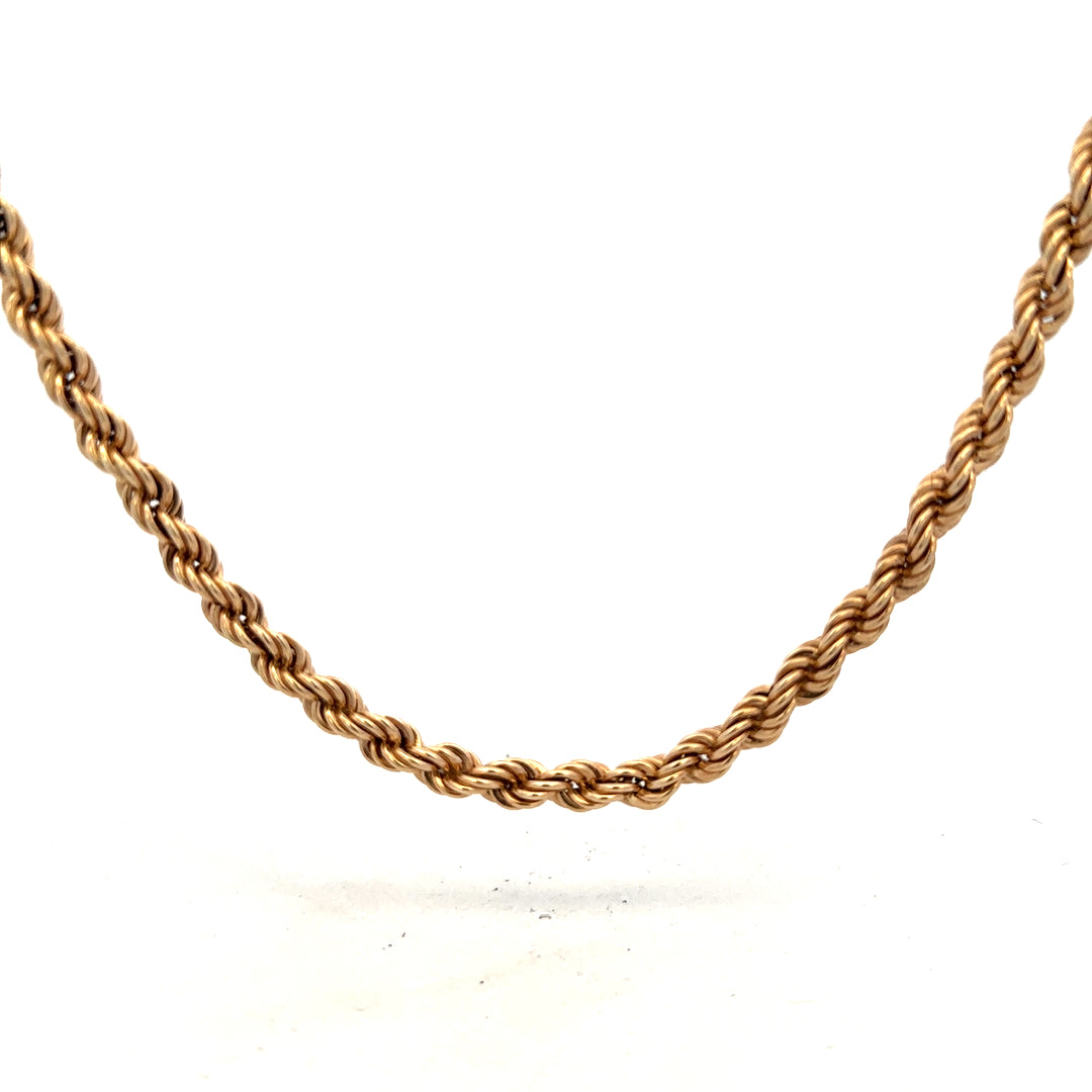 9ct yellow gold rope chain, 15.1g, unbranded, detailed close-up showing twisted gold links and shiny finish.
