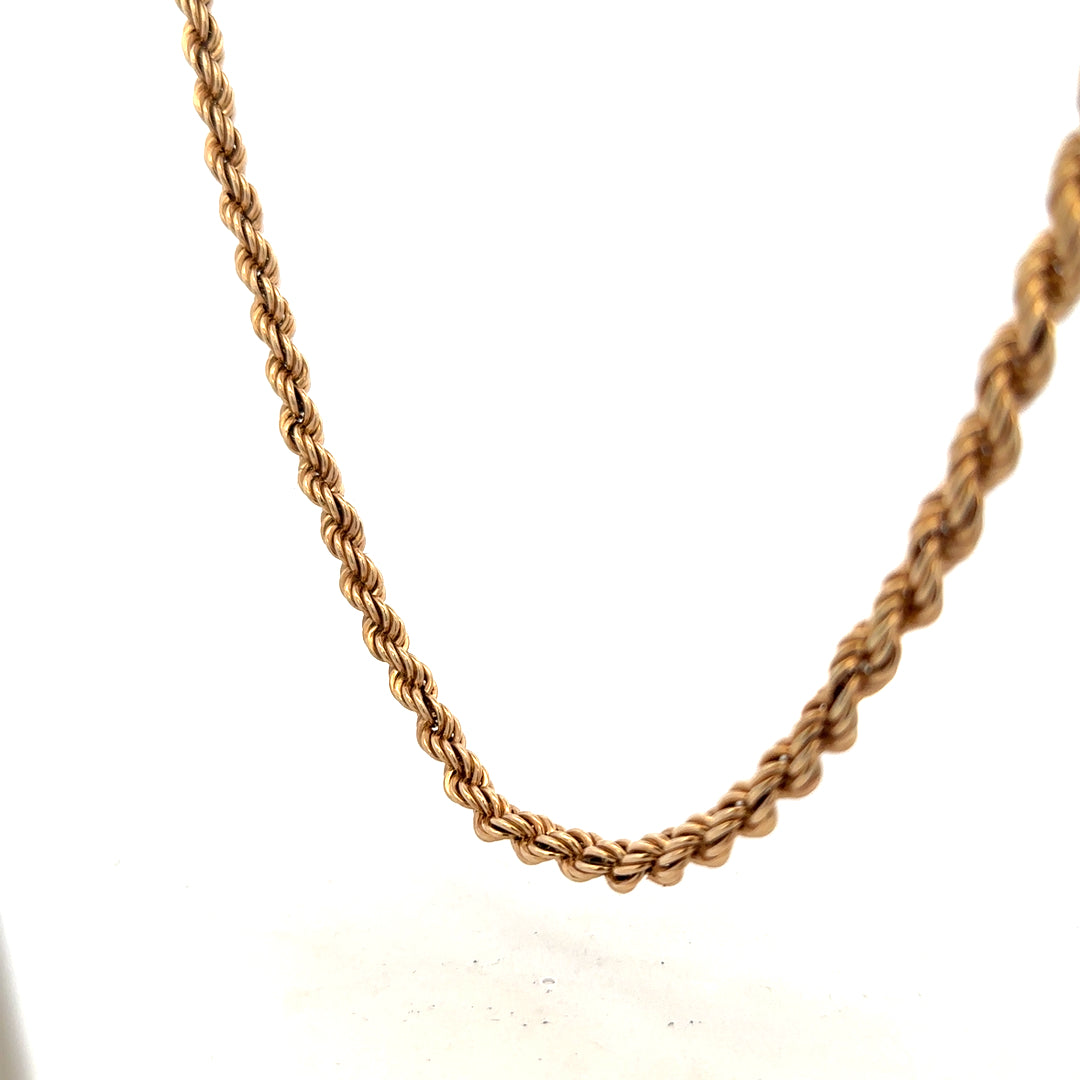 9ct yellow gold rope chain, 15.1g, unbranded, close-up of the elegant textured gold jewelry with intricate rope design