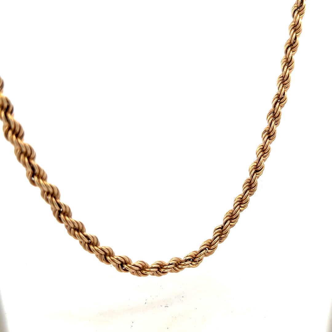 9ct yellow gold rope chain with a detailed twisted design, weighing 15.1g, showcasing its elegant craftsmanship and shine.