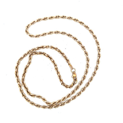 9ct yellow gold rope chain with a sturdy design, weighing 16.5 grams, showcasing its detailed twisted gold links.