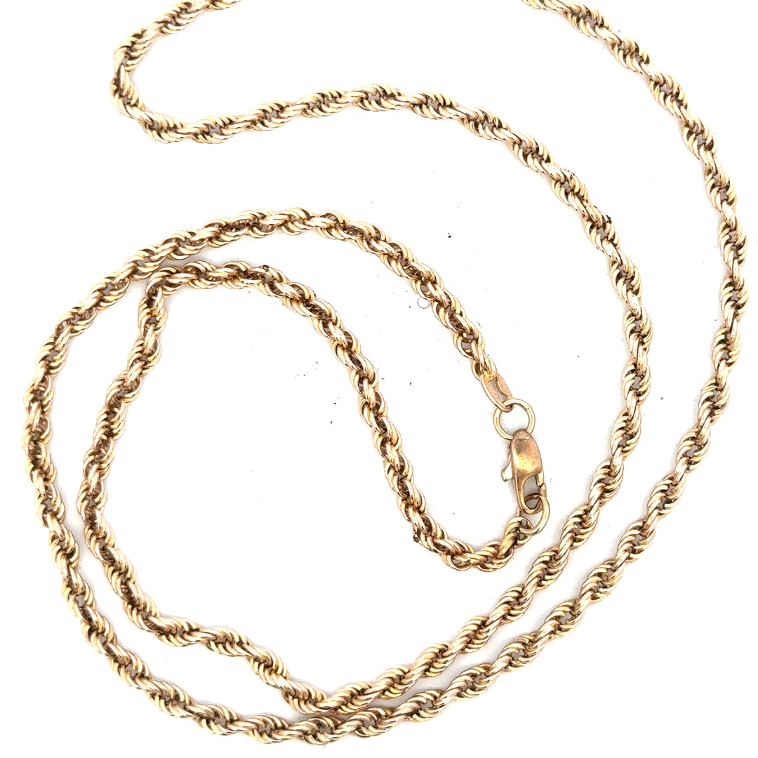 9ct yellow gold rope chain with a sturdy design, weighing 16.5g, showcasing its textured twisted rope style and polished finish.