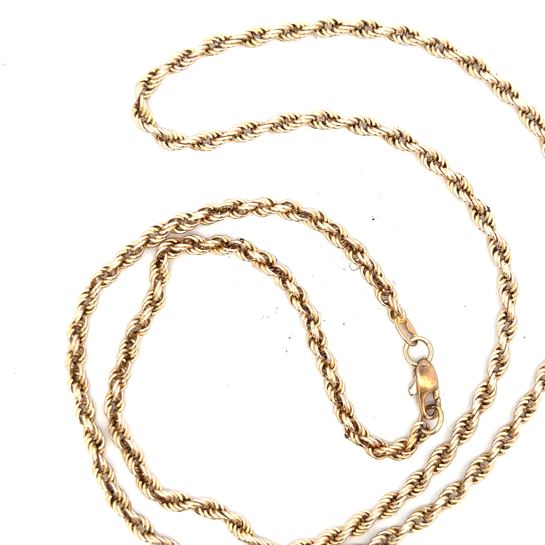 9ct yellow gold rope chain, 16.5g, unbranded, close-up showing twisted gold design and secure clasp.