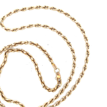 9ct yellow gold rope chain, 16.5g, with detailed twisted design, showcasing the elegant jewelry piece in natural light.