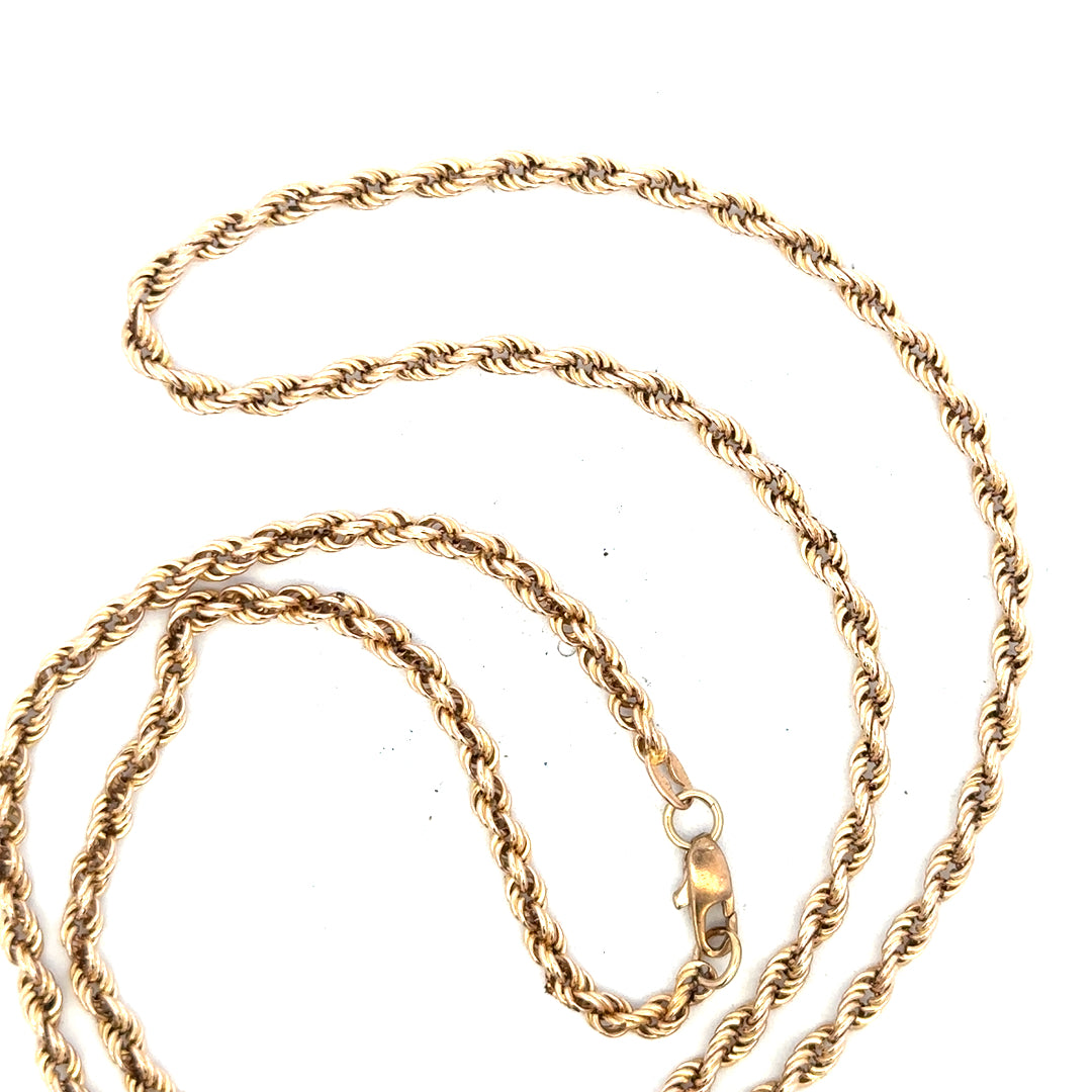 9ct yellow gold rope chain weighing 16.5g, showcasing its textured twisted design and polished finish.