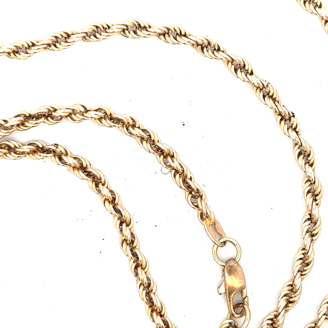 9ct yellow gold rope chain with a detailed link design, weighing 16.5 grams, displayed on a plain background.