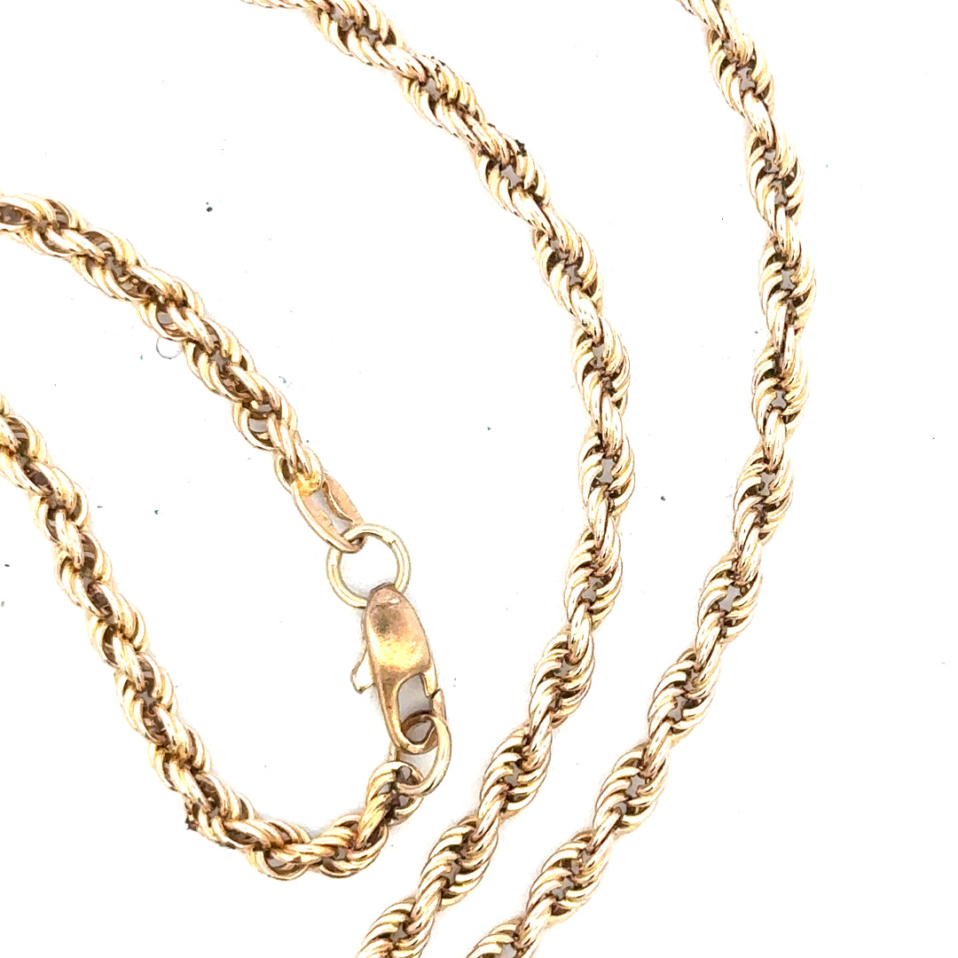 9ct yellow gold rope chain weighing 16.5g, displayed against a plain background showing its twisted design and polished finish.