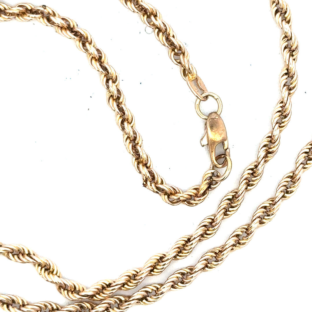 9ct yellow gold rope chain weighing 16.5g, featuring a classic twisted design and secure clasp, unbranded jewelry accessory.