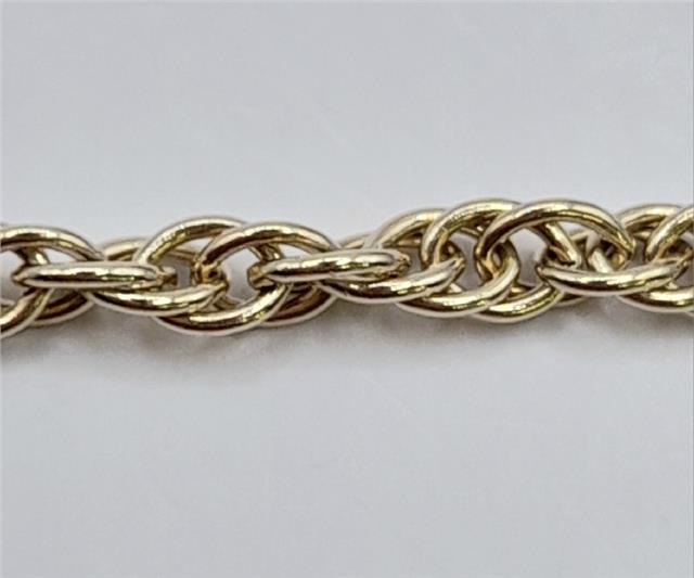 9ct yellow gold rope chain, 16-inch length, 9.4g, unbranded jewelry with detailed twisted rope design.