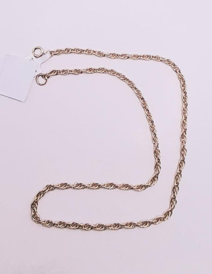 9ct yellow gold rope chain, 16-inch length, 9.4g, unbranded jewelry with intricate twisted rope design.
