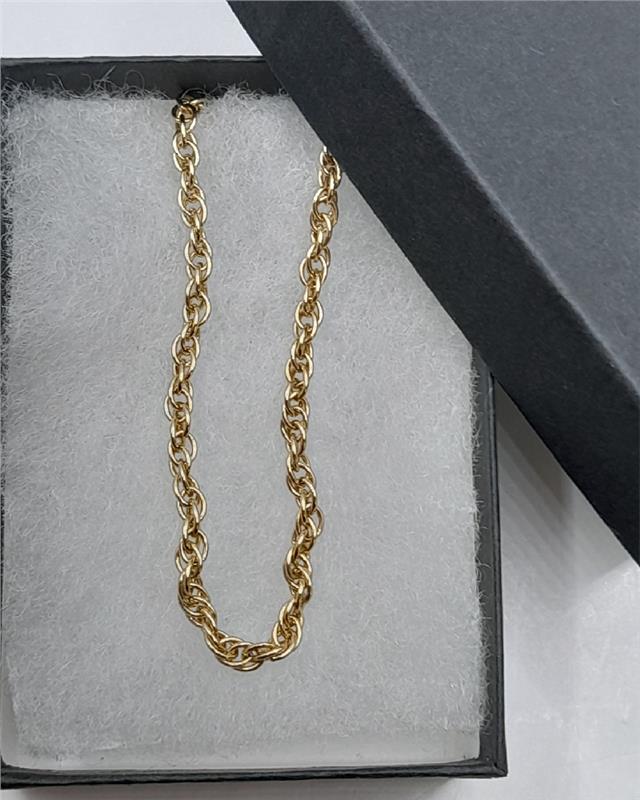 9ct yellow gold rope chain, 16 inch length, 9.4g, unbranded jewelry accessory with intricate twisted design.