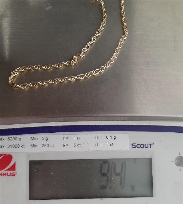 9ct yellow gold rope chain, 16-inch length, 9.4g, unbranded jewelry with intricate twisted design.
