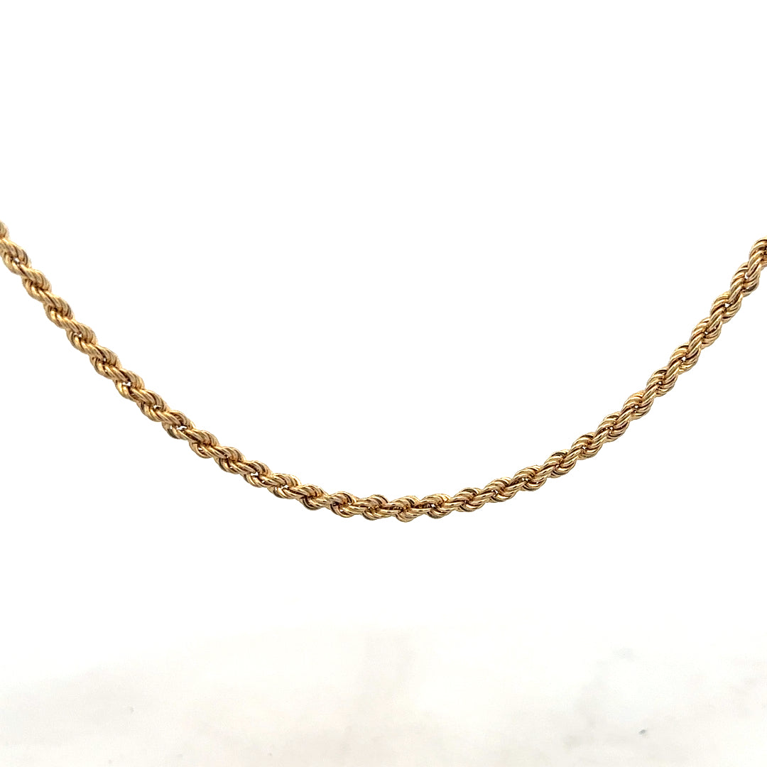 9ct yellow gold rope chain weighing 3.7g, shown close-up with detailed twisted rope design, unbranded jewelry accessory.