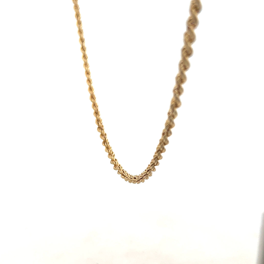 9ct yellow gold rope chain weighing 3.7g, featuring a classic twisted design, displayed on a neutral background.