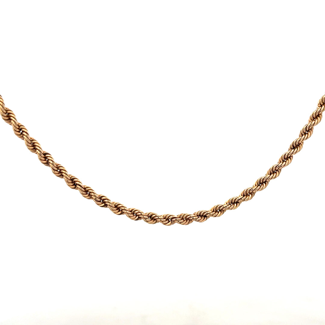 9ct yellow gold rope chain weighing 5.5g, showcasing its twisted design and polished finish, jewelry accessory.