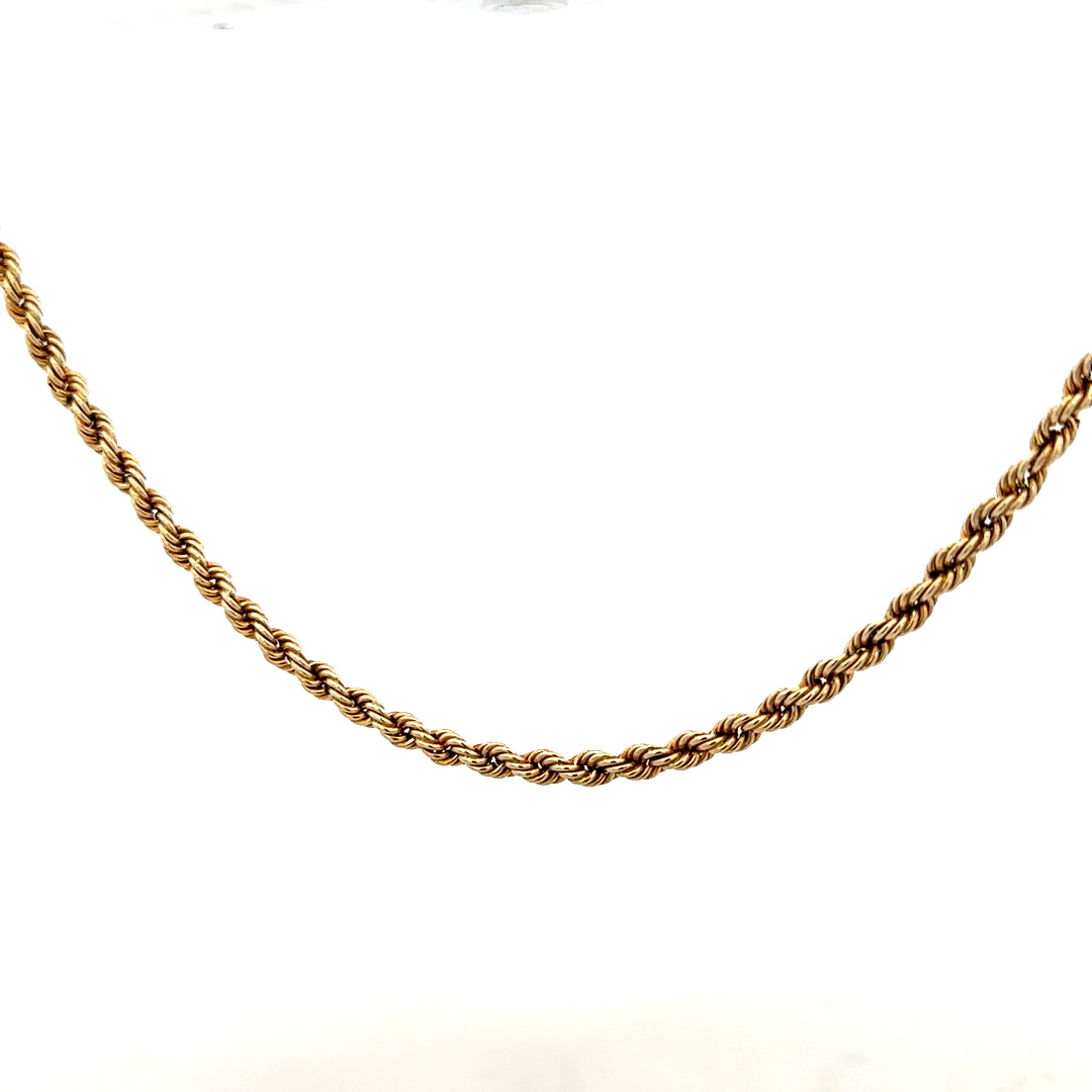 9ct yellow gold rope chain, 7.2g, unbranded jewelry with intricate twisted design, displayed on a neutral background.