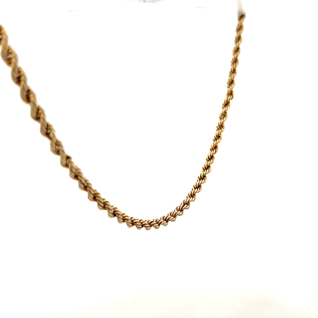 9ct yellow gold rope chain, unbranded, with a 7.2g weight, showcasing the intricate twisted design and polished finish.