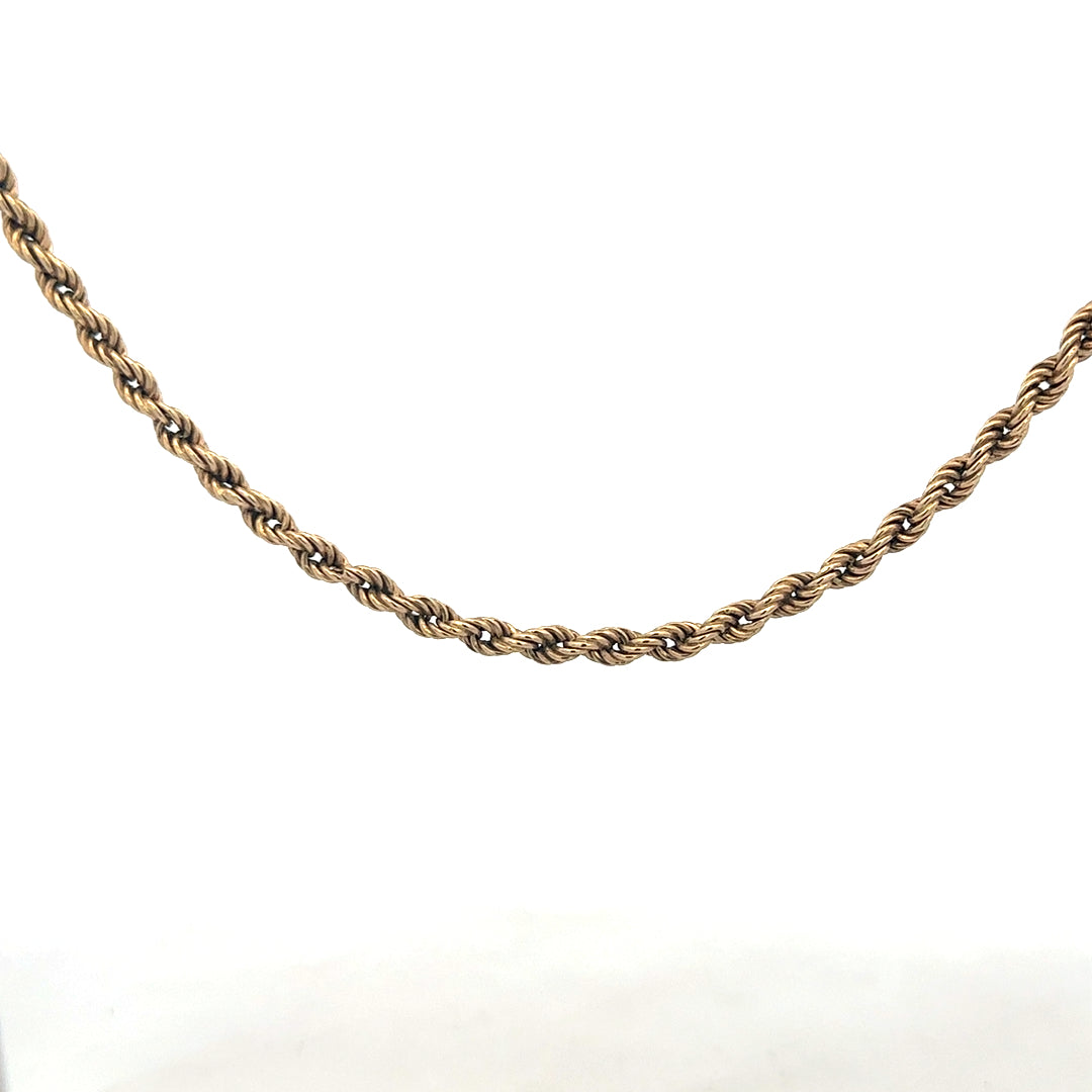 9ct yellow gold rope chain, unbranded, 7g, showing the intricate twisted design and polished finish.