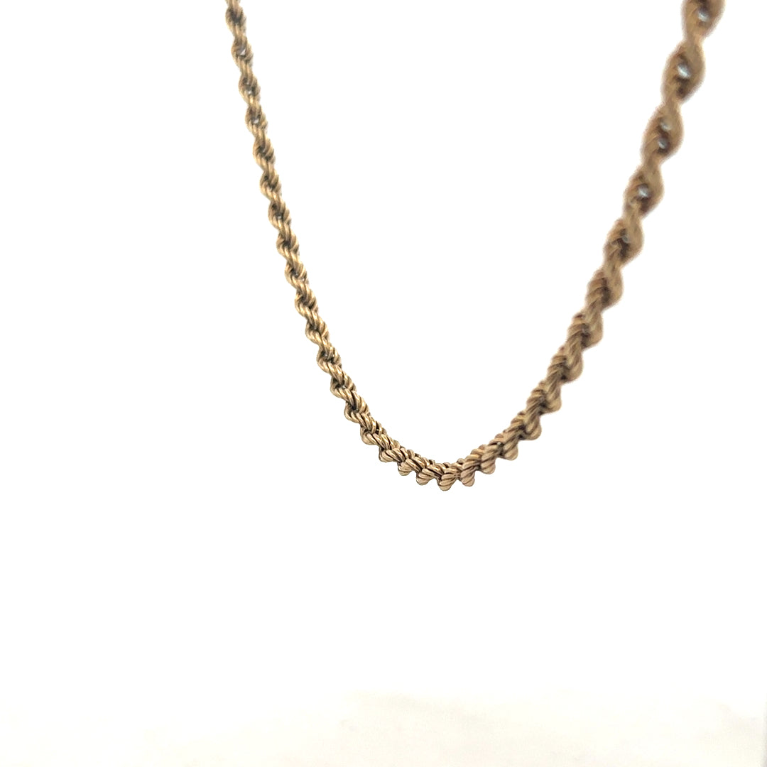 9ct yellow gold rope chain weighing 7g, showcasing its twisted design and polished finish, ideal for elegant jewelry styling.